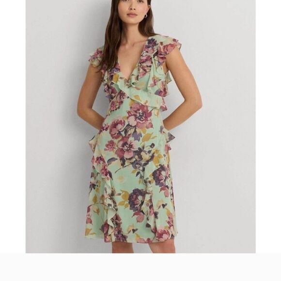 Lauren Ralph Lauren Green/purple Floral Ruffle Georgette Dress Size 6P NWT - Picture 1 of 5